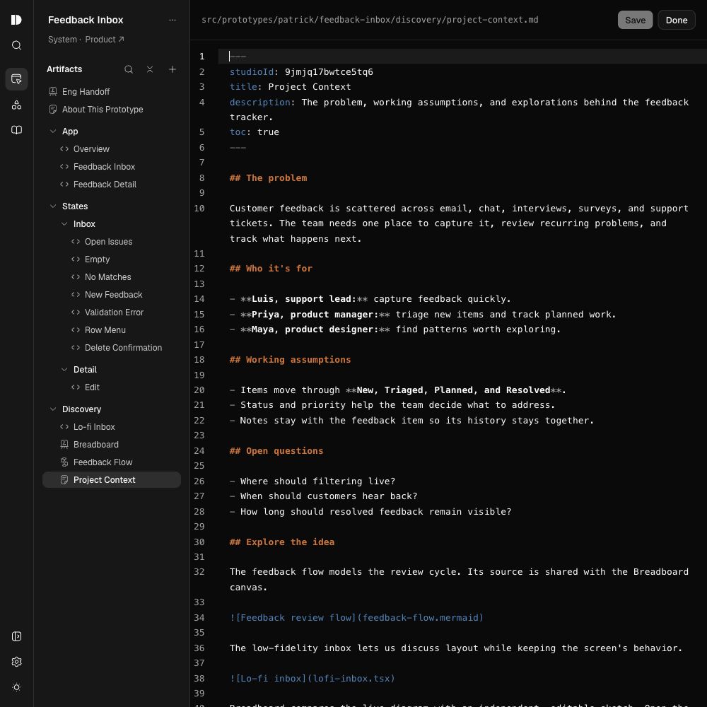 The same Project Context document open in Design Studio’s Markdown source editor.