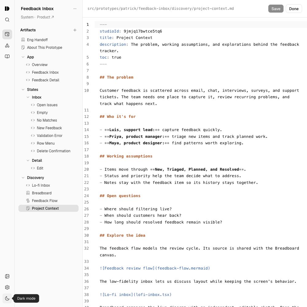 The same Project Context document open in Design Studio’s Markdown source editor.