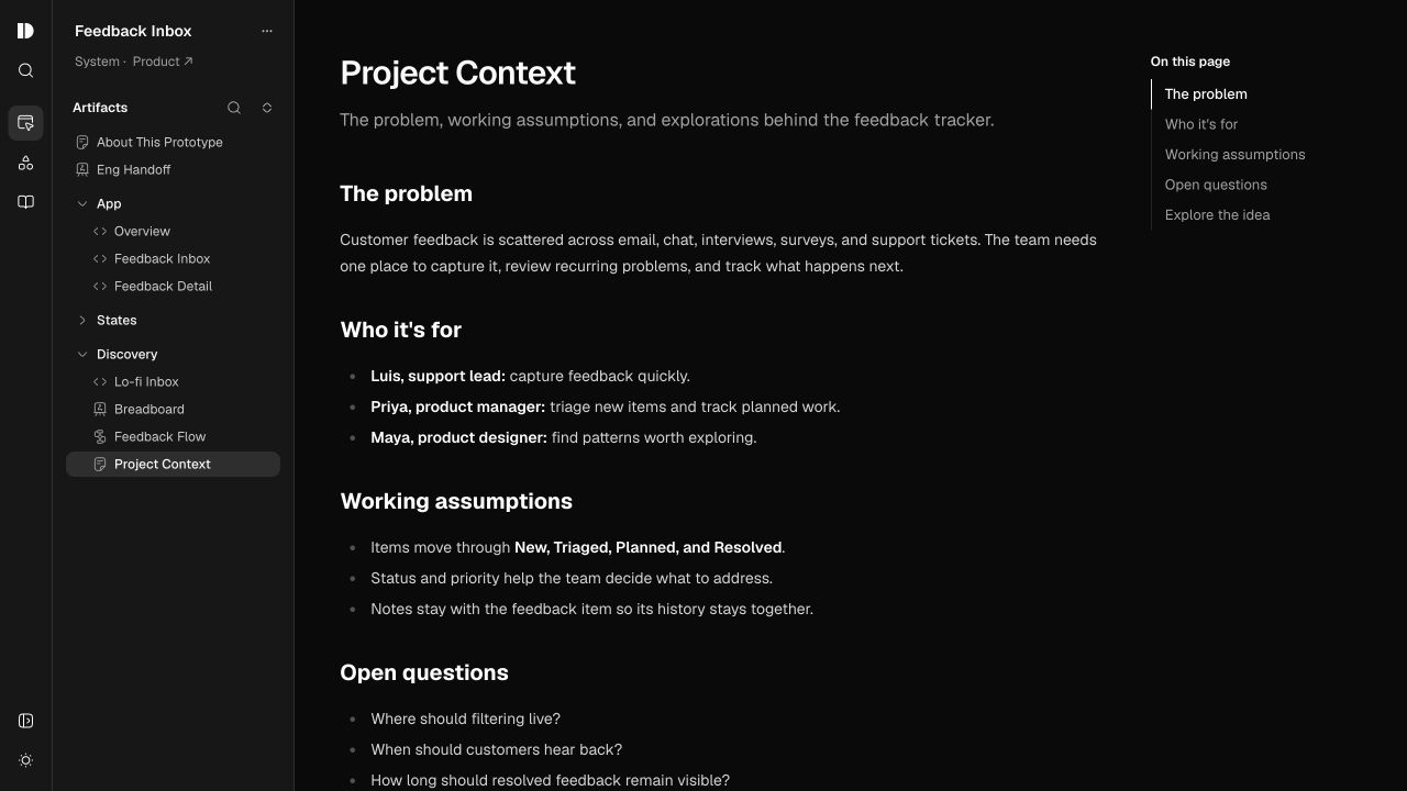 A project context document describing the problem, audience, and working assumptions.