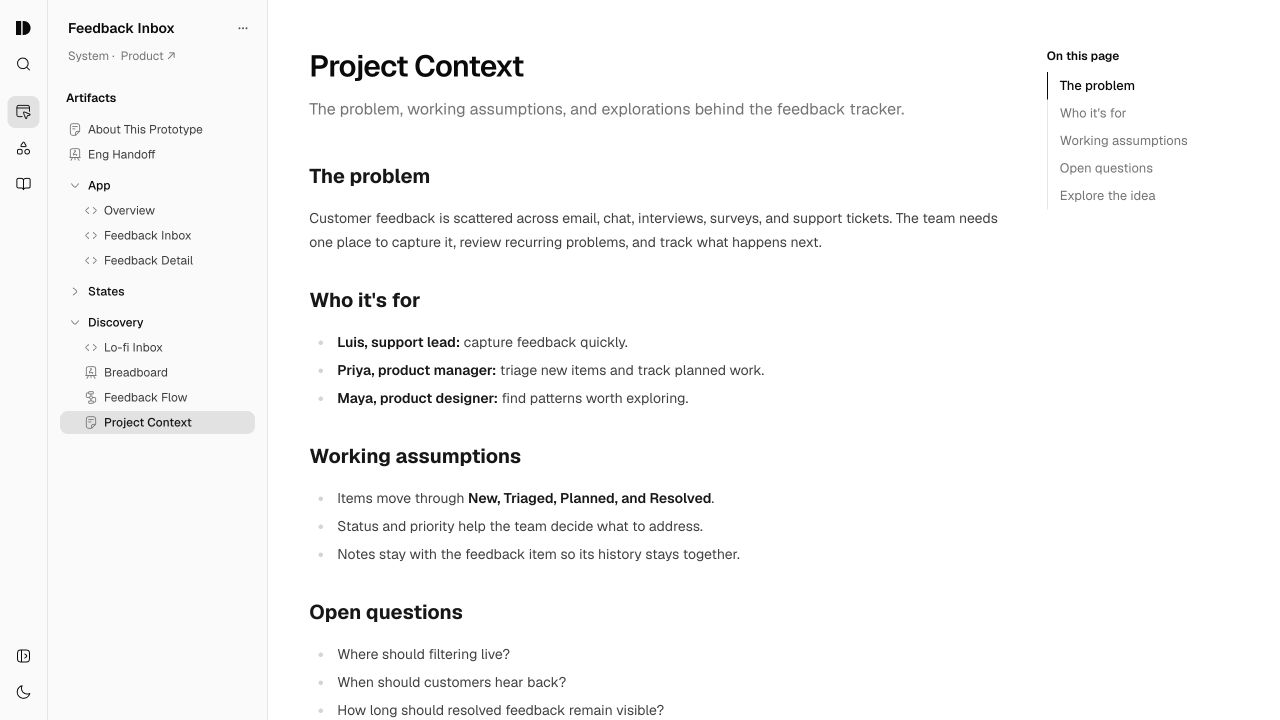 A project context document describing the problem, audience, and working assumptions.