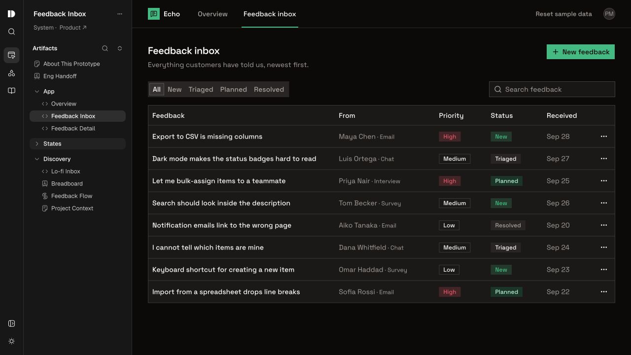 Design Studio displaying the working Feedback Inbox prototype beside its connected artifacts.