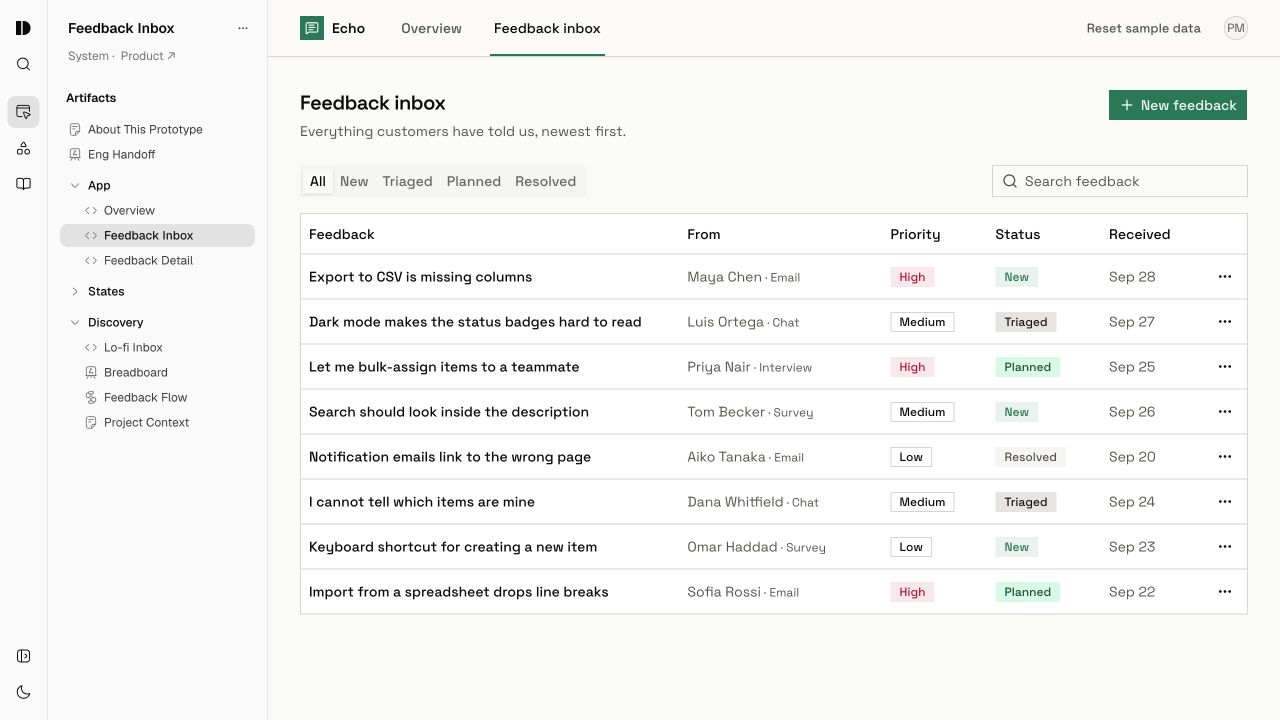 Design Studio displaying the working Feedback Inbox prototype beside its connected artifacts.