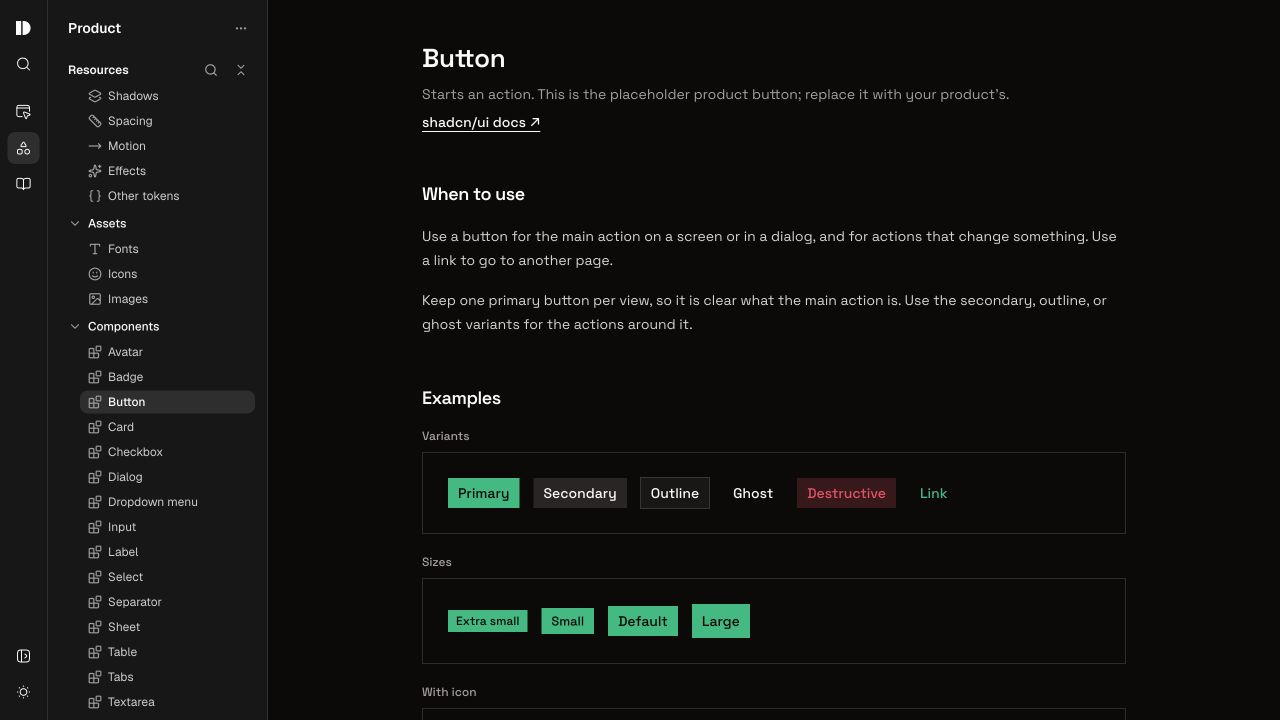 Design Studio's Product design system showing button variants, sizes, and component guidance.