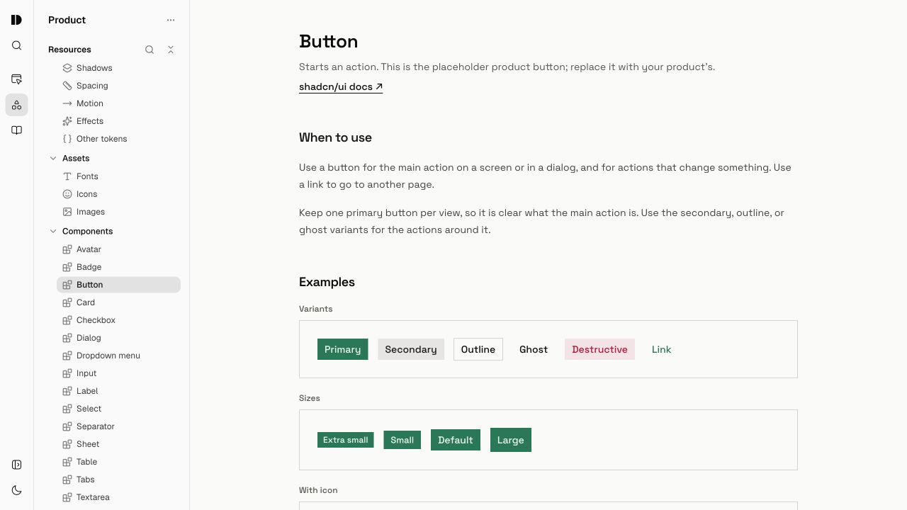 Design Studio's Product design system showing button variants, sizes, and component guidance.