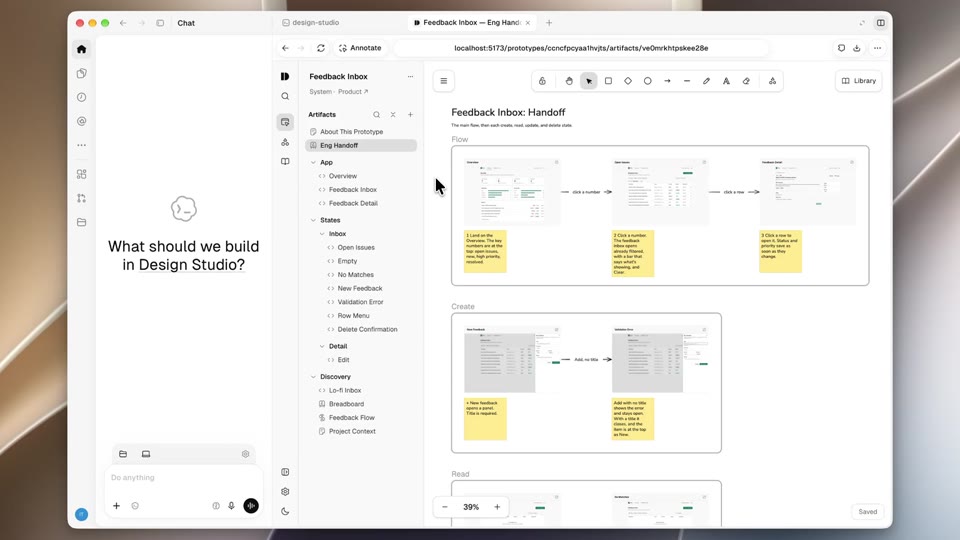 The launch video: a coding agent beside the open-source Design Studio, with the Feedback Inbox handoff canvas open