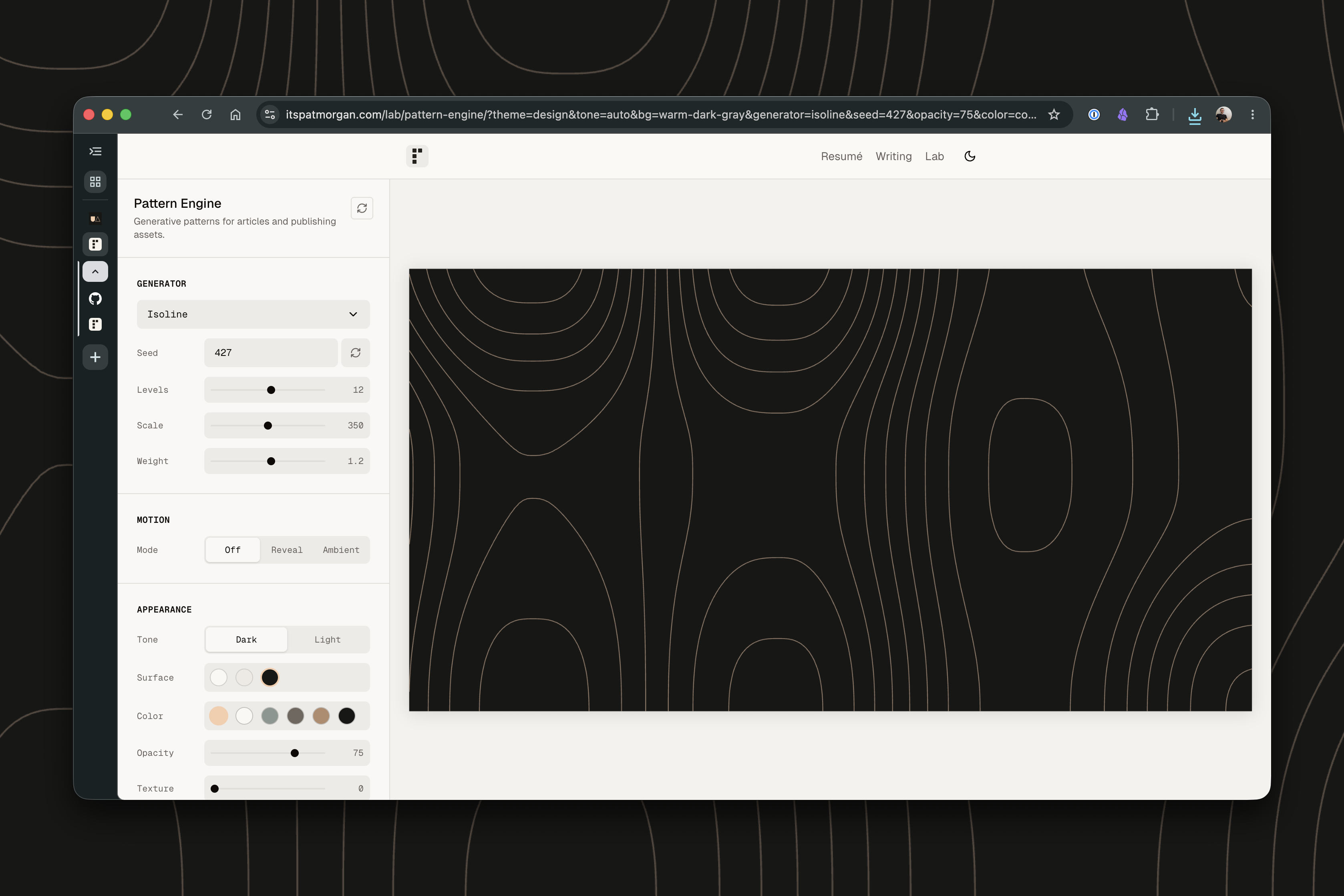 Pattern Engine lab page showing a generated isoline visual
