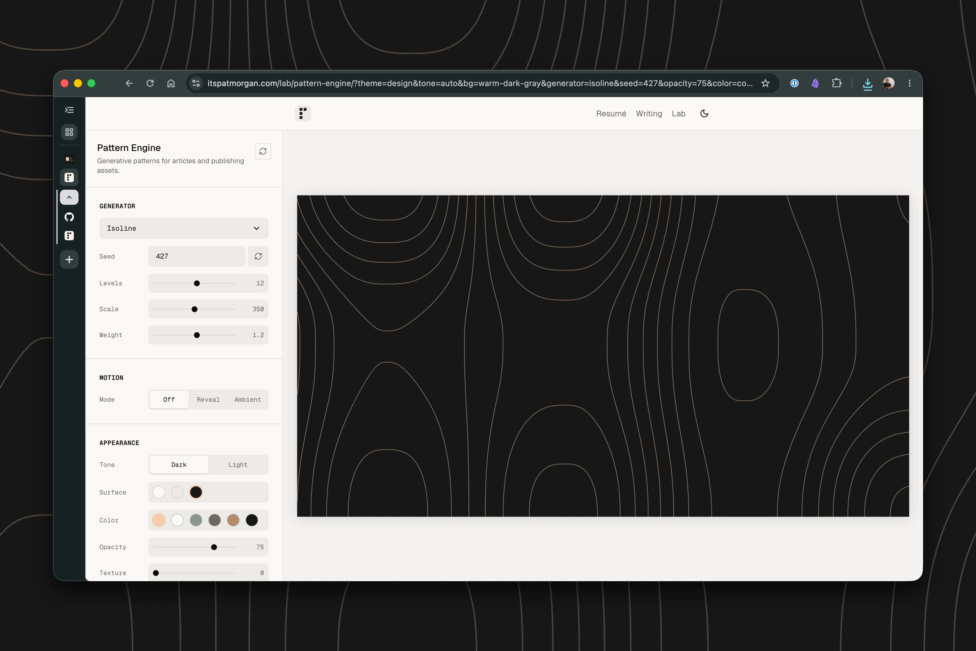 Pattern Engine lab page showing a generated isoline visual