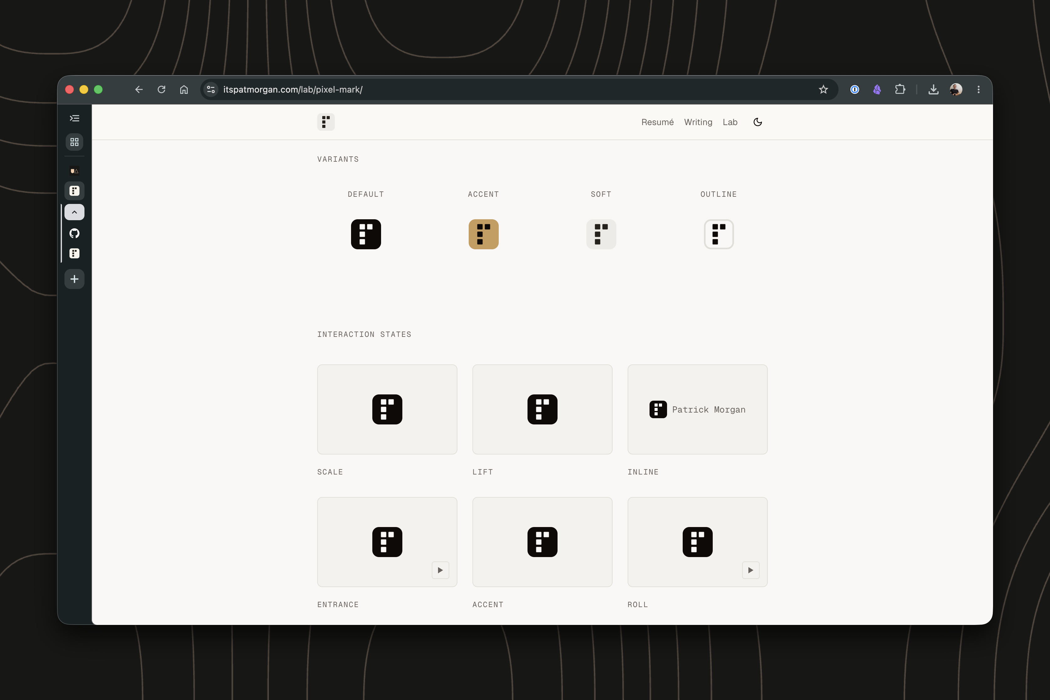 Pixel Mark lab page showing logo variants and interaction states