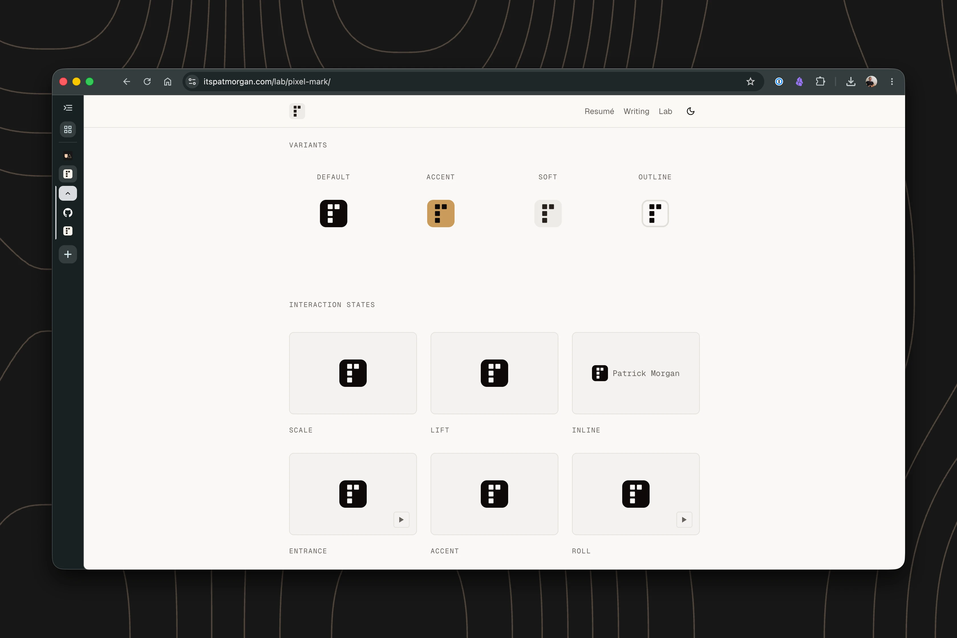Pixel Mark lab page showing logo variants and interaction states