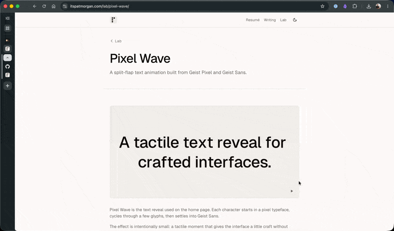 Pixel Wave lab page showing the tactile text reveal animation